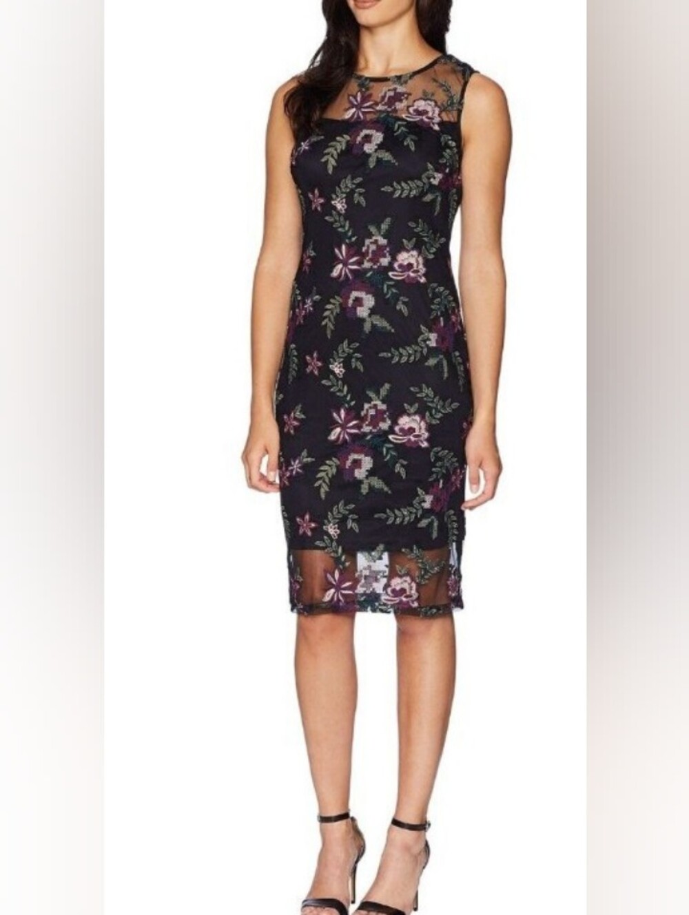 Calvin Klein Black Sheath Dress with Pink & Green Floral Embroidery